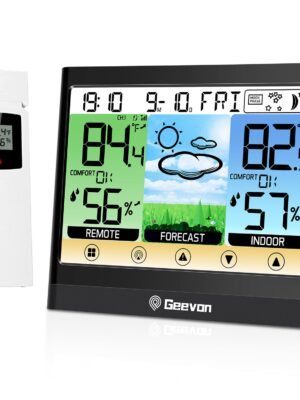 Geevon Weather Stations Wireless Indoor Outdoor Thermometer Hygrometer with Dew Point, Heat Index, Touch LCD Display Digital Weather Thermometer with Alarm Clock and Adjustable Backlight