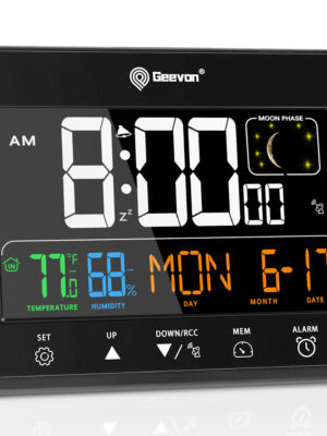 Geevon Digital Atomic Alarm Clocks for Bedrooms with Battery Backup, HD Color Display Atomic Lock with Backlight, 2 USB Ports, Indoor Temperature and Humidity, Moon Phases, Time